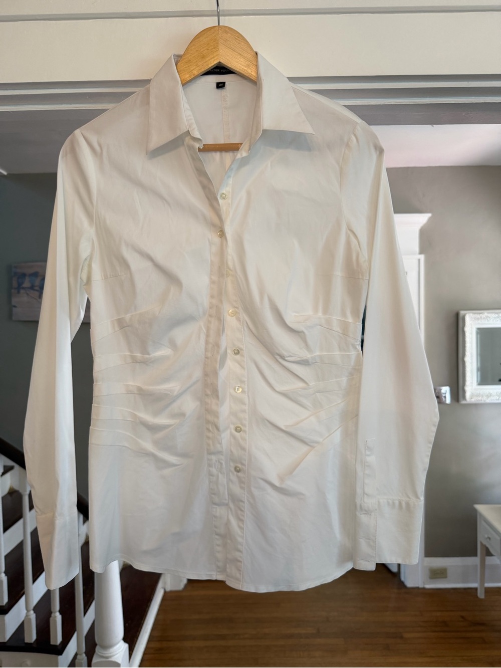 Walter Voulaz Italy White Fitted Pleated Waist Button Down Blouse Size 44